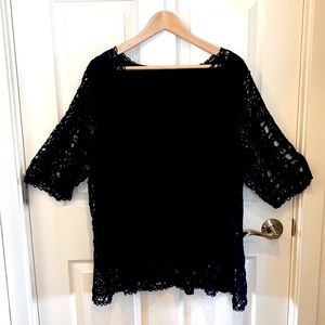 CJ Banks Crocheted Top. Tank under shirt. See through sleeves. Navy Blue, 1X